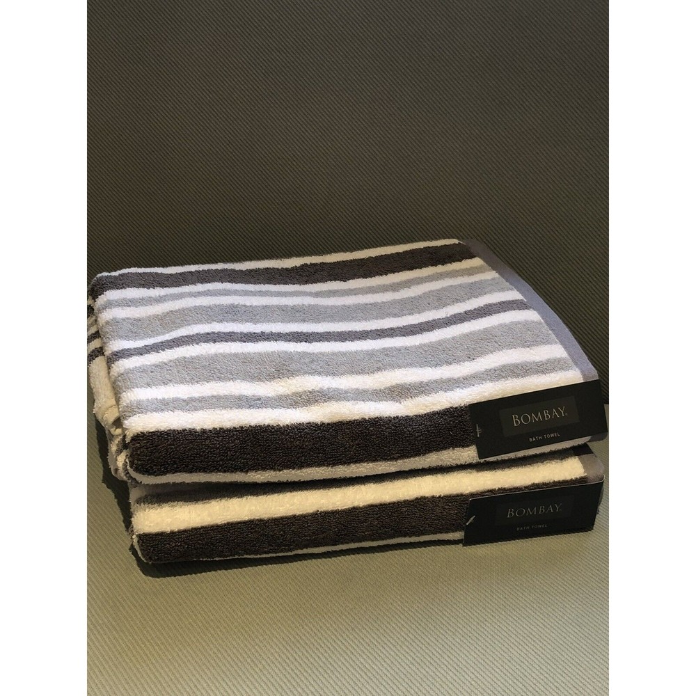 Bombay Bath Towels 2PC Gray White Stripes 100% Cotton Made In India New
